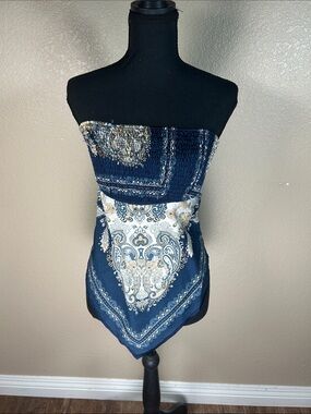 Sweet Generis Navy Blue Paisley Smocked Scarf Tube Top Size Small